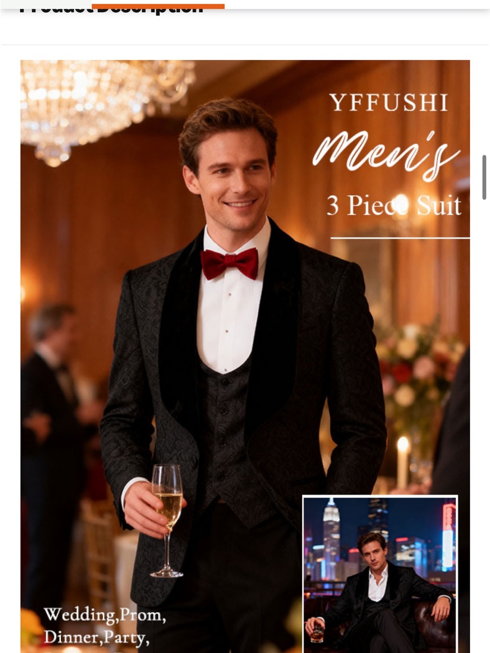 Men's Black 3-Piece Formal Tuxedo with Velvet Shawl Lapel New with Tags
